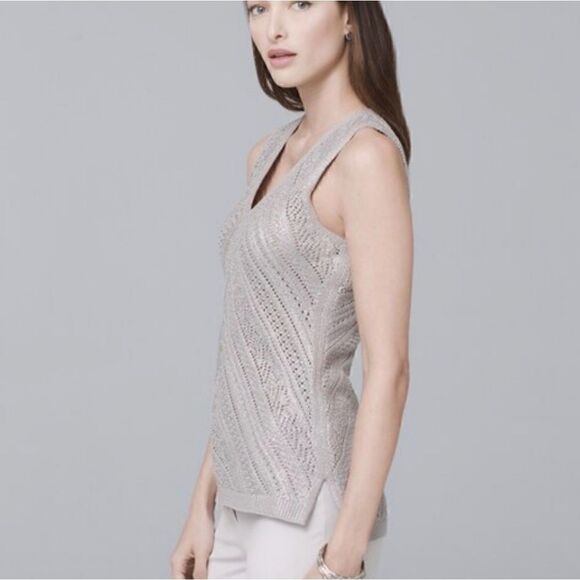 White House Black Market Metallic Sweater Vest XS Coastal Chic Preppy Glitter - Picture 6 of 12
